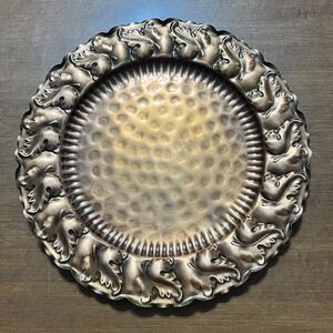 Vtg Gregorian Copper Tray Hammered Round Leaf Edged Copper‎ Wall Hanging 15" Oak